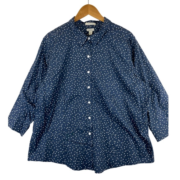 L.L.Bean Tops - L.L. Bean Women's 3X Wrinkle Free Shirt Navy Blue Polka Dot Button Front 3/4